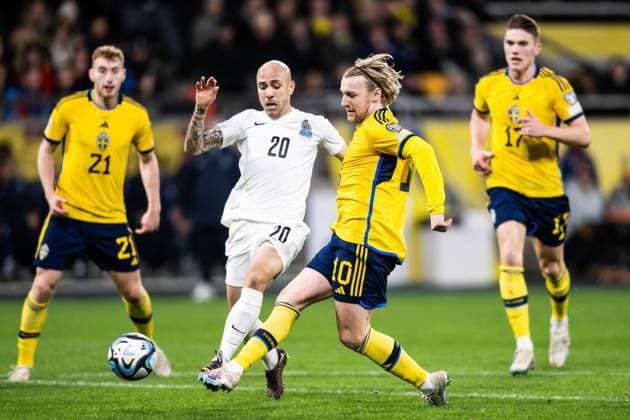230327 Emil Forsberg of Sweden scores 1 0 during the UEFA Euro Qualifier football match between Sweden and Azerbaijan on March 27, 2023 in Stockholm Photo Maxim Thore BILDBYRAN code MT JZ0347 bbeng football soccer fotbol fotball uefa euro qualifier landskamp emkval em kvaliking em kvalik sweden sweden a Sweden Azerbaijan,  Copyright: MAXIMxTHORE BB230327MT045
