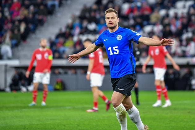 SOCCER - UEFA EURO, EM, Europameisterschaft,Fussball 2024 Quali, AUT vs EST LINZ,AUSTRIA,27.MAR.23 - SOCCER - European Qualifiers 2024, OEFB international match, Länderspiel, Nationalmannschaft Austria vs Estland. Image shows the rejoicing of Rauno Sappinen (EST).  GEPAxpictures xChristianxMoser