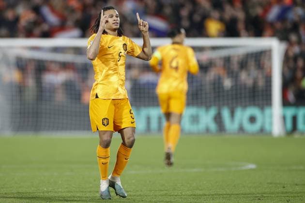 ROTTERDAM , 27-03-2023 , Stadion de Kuip , UEFA Qualification EURO 2024 , season 2022 2023 , match between Netherlands and Gibraltar , Netherlands player Nathan Ake celebrating his goal 2-0 Netherlands - Gibraltar  x20346571x Copyright:
