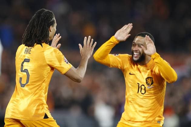 ROTTERDAM , 27-03-2023 , Stadion de Kuip , UEFA Qualification EURO 2024 , season 2022 2023 , match between Netherlands and Gibraltar , (L-R) Netherlands player Nathan Ake, Netherlands player Memphis Depay celebrating 2-0 Netherlands - Gibraltar  x20346639x Copyright: