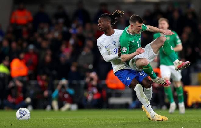 UEFA EURO, EM, Europameisterschaft,Fussball 2024 Qualifying Round Group B, Aviva Stadium, Dublin 27 3 2023 Republic of Ireland vs France France s Eduardo Camavinga with Jason Knight of Ireland Eduardo Camavinga with Jason Knight 27 3 2023  Copyright: x INPHO JamesxCrombiex JFD12574