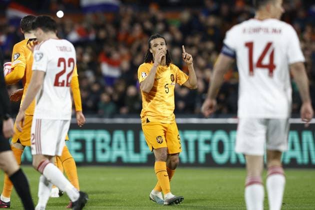 ROTTERDAM , 27-03-2023 , Stadion de Kuip , UEFA Qualification EURO 2024 , season 2022 2023 , match between Netherlands and Gibraltar , Netherlands player Nathan Ake celebrating his goal 2-0 Netherlands - Gibraltar  x20346833x Copyright: