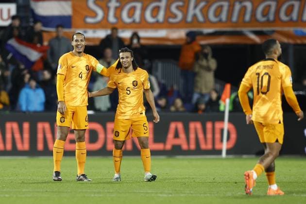 ROTTERDAM , 27-03-2023 , Stadion de Kuip , UEFA Qualification EURO 2024 , season 2022 2023 , match between Netherlands and Gibraltar , (L-R) Netherlands player Virgil van Dijk, Netherlands player Nathan Ake celebrating 2-0 Netherlands - Gibraltar  x20346834x Copyright: