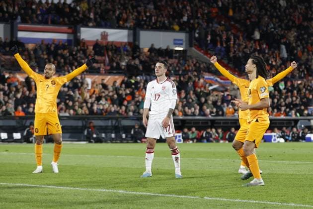 ROTTERDAM , 27-03-2023 , Stadion de Kuip , UEFA Qualification EURO 2024 , season 2022 2023 , match between Netherlands and Gibraltar , Netherlands celebrating 2-0, Netherlands player Nathan Ake scored Netherlands - Gibraltar  x20346844x Copyright: