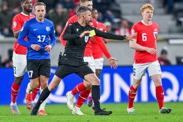 SOCCER - UEFA EURO, EM, Europameisterschaft,Fussball 2024 Quali, AUT vs EST LINZ,AUSTRIA,27.MAR.23 - SOCCER - European Qualifiers 2024, OEFB international match, Länderspiel, Nationalmannschaft Austria vs Estland. Image shows referee Enea Jorgji (ALB).  GEPAxpictures xChristianxMoser