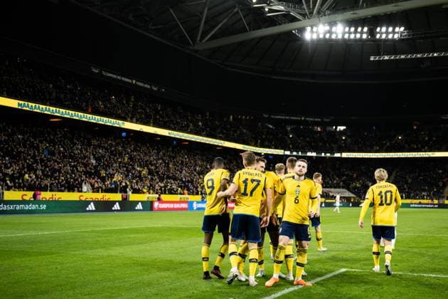 230327 Players of Sweden celebrate after 2 0 by Alexander Isak during the UEFA Euro Qualifier football match between Sweden and Azerbaijan on March 27, 2023 in Stockholm Photo Jesper Zerman BILDBYRAN COP 234 JZ0347 bbeng football soccer fotbol fotball uefa euro qualifier landskamp emkval em kvalifisering em kvalik sweden sweden a sweden azerbaijan jubel,  Copyright: JESPERxZERMAN BB230327JZ041