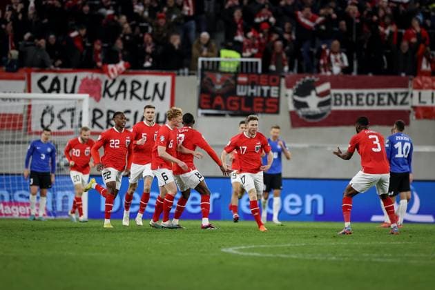 SOCCER - UEFA EURO, EM, Europameisterschaft,Fussball 2024 Quali, AUT vs EST LINZ,AUSTRIA,27.MAR.23 - SOCCER - European Qualifiers 2024, OEFB international match, Länderspiel, Nationalmannschaft Austria vs Estland. Image shows the rejoicing of Florian Kainz (AUT). Keywords: goal.  GEPAxpictures xManfredxBinder
