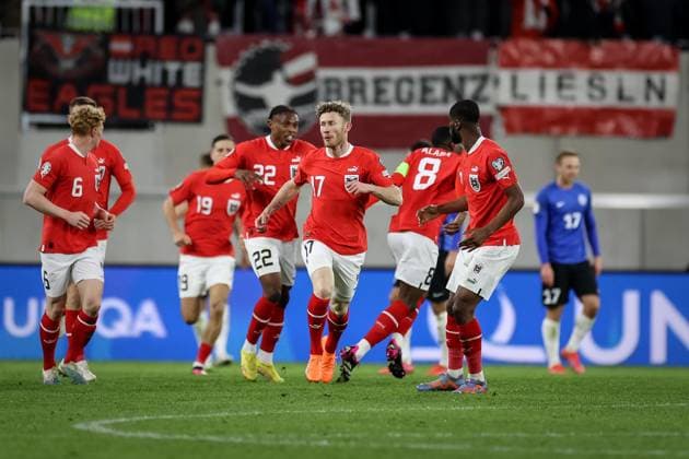 SOCCER - UEFA EURO, EM, Europameisterschaft,Fussball 2024 Quali, AUT vs EST LINZ,AUSTRIA,27.MAR.23 - SOCCER - European Qualifiers 2024, OEFB international match, Länderspiel, Nationalmannschaft Austria vs Estland. Image shows the rejoicing of Florian Kainz (AUT). Keywords: goal.  GEPAxpictures xManfredxBinder