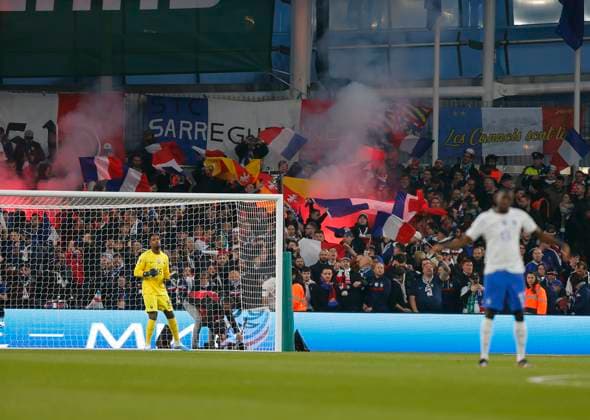 27th March 2023; Aviva Stadium, Dublin, Ireland: Euro 2024 Qualifier Football, Republic of Ireland versus France; French supporters with flags and red flares  ActionPlus12491368 PeterxFitzpatrick