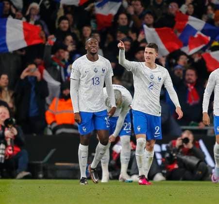 27th March 2023; Aviva Stadium, Dublin, Ireland: Euro 2024 Qualifier Football, Republic of Ireland versus France; Benjamin Pavard of France celebrates scoring the opening goal for 0 - 1 in the 50th minute  ActionPlus12491386 PeterxFitzpatrick
