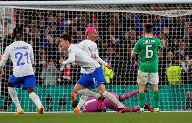 UEFA EURO, EM, Europameisterschaft,Fussball 2024 Qualifying Round Group B, Aviva Stadium, Dublin 27 3 2023 Republic of Ireland vs France France s Benjamin Pavard celebrates scoring his sides first goal Benjamin Pavard celebrates scoring his sides first goal 27 3 2023  Copyright: x INPHO JamesxCrombiex image1.jpeg