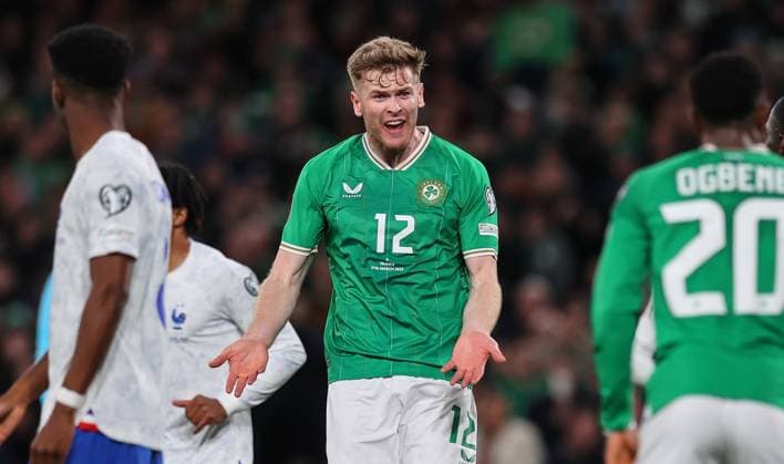 UEFA EURO, EM, Europameisterschaft,Fussball 2024 Qualifying Round Group B, Aviva Stadium, Dublin 27 3 2023 Republic of Ireland vs France Ireland™s Nathan Collins reacts Nathan Collins reacts 27 3 2023  Copyright: x INPHO RyanxByrnex RB1_8409