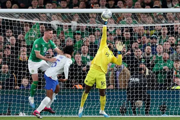 Mandatory Credit: Photo by Paul Greenwood Shutterstock (13847018y) France Goalkeeper Mike Maignan saves the header by Alan Browne of Republic of Ireland Republic of Ireland v France, UEFA European Championship, EM, Europameisterschaft 2024 Qualifying, Group B, Football, Aviva Stadium, Dublin, Ireland - 27 Mar 2023 EDITORIAL USE ONLY No use with unauthorised audio, video, data, fixture lists, club league logos or live services. Online in-match use limited to 120 images, no video emulation. No use in betting, games or single club league player publications. Republic of Ireland v France, UEFA European Championship 2024 Qualifying, Group B, Football, Aviva Stadium, Dublin, Ireland - 27 Mar 2023 EDITORIAL USE ONLY No use with unauthorised audio, video, data, fixture lists, club league logos or live services. Online in-match use limited to 120 images, no video emulation. No use in betting, games or single club league player publications. Copyright: xPaulxGreenwood Shutterstockx 13847018y