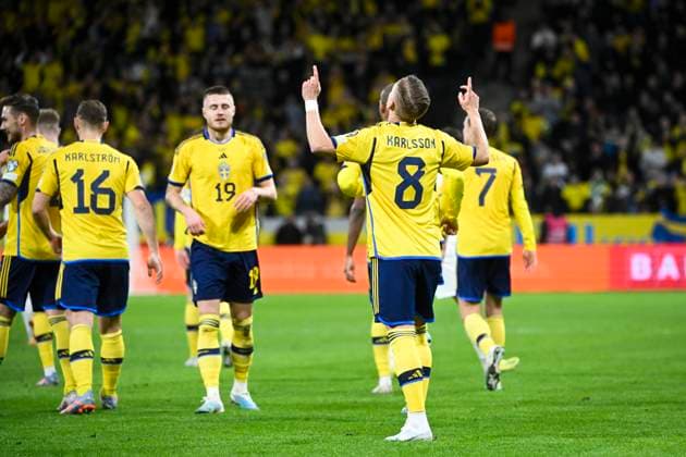 STOCKHOLM 20230327 Swedens Jesper Karlsson 8 celebrates after his 4 0 goal during Mondays European Championship qualifying football match between Sweden and Azerbaijan at Friends Arena STOCKHOLM SWEDEN x10080x,  Copyright: xFredrikxSandberg TTx EM-KVAL SVERIGE-AZERBAJDZJAN