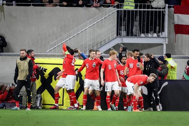 SOCCER - UEFA EURO, EM, Europameisterschaft,Fussball 2024 Quali, AUT vs EST LINZ,AUSTRIA,27.MAR.23 - SOCCER - European Qualifiers 2024, OEFB international match, Länderspiel, Nationalmannschaft Austria vs Estland. Image shows the rejoicing of AUT. Keywords: goal.  GEPAxpictures xManfredxBinder