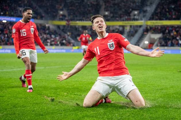 Sport Themen der Woche KW13 SOCCER - UEFA EURO, EM, Europameisterschaft,Fussball 2024 Quali, AUT vs EST LINZ,AUSTRIA,24.MAR.27 - SOCCER - European Qualifiers 2024, OEFB international match, Länderspiel, Nationalmannschaft Austria vs Estland. Image shows the rejoicing of Michael Gregoritsch (AUT).  GEPAxpictures xManuelxBinder