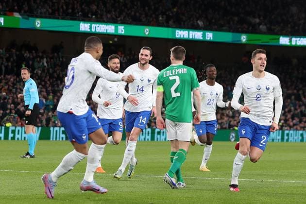 Mandatory Credit: Photo by Paul Greenwood Shutterstock (13847018ak) Benjamin Pavard of France celebrates scoring his side s first goal to make the score 0-1 Republic of Ireland v France, UEFA European Championship, EM, Europameisterschaft 2024 Qualifying, Group B, Football, Aviva Stadium, Dublin, Ireland - 27 Mar 2023 EDITORIAL USE ONLY No use with unauthorised audio, video, data, fixture lists, club league logos or live services. Online in-match use limited to 120 images, no video emulation. No use in betting, games or single club league player publications. Republic of Ireland v France, UEFA European Championship 2024 Qualifying, Group B, Football, Aviva Stadium, Dublin, Ireland - 27 Mar 2023 EDITORIAL USE ONLY No use with unauthorised audio, video, data, fixture lists, club league logos or live services. Online in-match use limited to 120 images, no video emulation. No use in betting, games or single club league player publications. Copyright: xPaulxGreenwood Shutterstockx 13847018ak