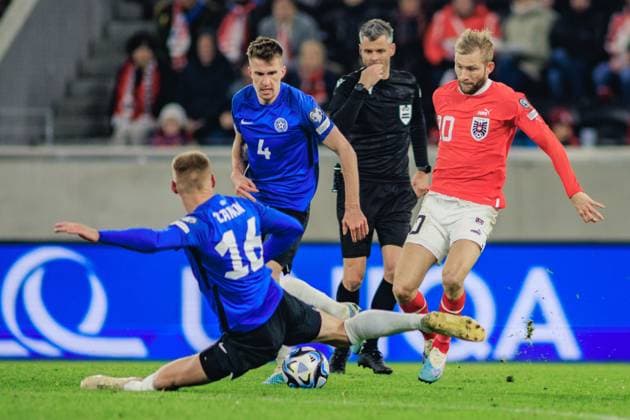 SOCCER - UEFA EURO, EM, Europameisterschaft,Fussball 2024 Quali, AUT vs EST LINZ,AUSTRIA,24.MAR.27 - SOCCER - European Qualifiers 2024, OEFB international match, Länderspiel, Nationalmannschaft Austria vs Estland. Image shows Joonas Tamm (EST) and Konrad Laimer (AUT).  GEPAxpictures xManuelxBinder