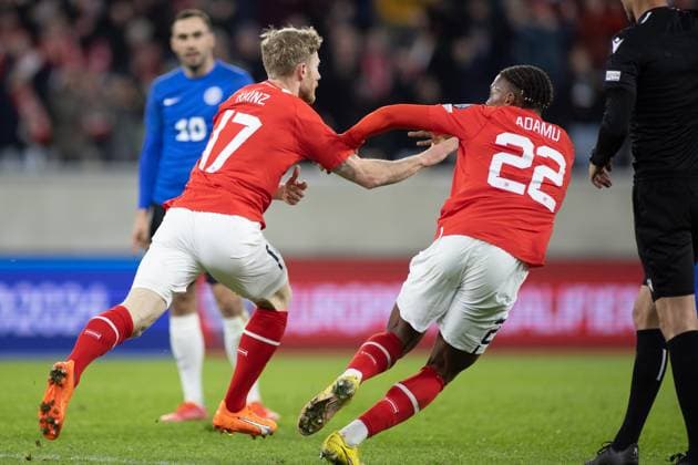SOCCER - UEFA EURO, EM, Europameisterschaft,Fussball 2024 Quali, AUT vs EST LINZ,AUSTRIA,24.MAR.27 - SOCCER - European Qualifiers 2024, OEFB international match, Länderspiel, Nationalmannschaft Austria vs Estland. Image shows the rejoicing of Florian Kainz and Junior Adamu (AUT).  GEPAxpictures xManuelxBinder