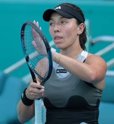 Jessica Pegula from the USA reacts and hits her racquet after defeating Magda Linette from Poland during the Miami Open in the Hard Rock Stadium in Miami Gardens, Florida, on Monday, March 27, 2023. Pegula defeated Lynette 6-1, 7-5.  MIA20230327130 GARYxIxROTHSTEIN