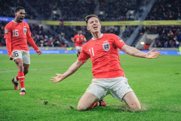 SOCCER - UEFA EURO, EM, Europameisterschaft,Fussball 2024 Quali, AUT vs EST LINZ,AUSTRIA,24.MAR.27 - SOCCER - European Qualifiers 2024, OEFB international match, Länderspiel, Nationalmannschaft Austria vs Estland. Image shows the rejoicing of Philipp Mwene and Michael Gregoritsch (AUT).  GEPAxpictures xManuelxBinder