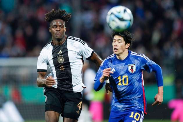 Yann-Aurel Bisseck (GER), Yuito Suzuki (JPN), MARCH 24, 2023 - Football Soccer : Under-21 International Friendly, Länderspiel, Nationalmannschaft match between U21, U 21 Germany 2-2 U21 Japan at PSD Bank-Arena in Frankfurt, Germany. Noxthirdxpartyxsales  (214454908)