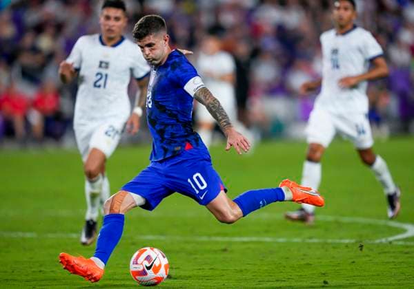 ORLANDO, FL - MARCH 27: United States of America forward Christian Pulisic (10) shoots the ball during the CONCACAF Nations League match between the United States vs El Salvador on March 27th, 2023 at Explorer Stadium in Orlando, FL. (Photo by Andrew Bershaw Icon Sportswire) SOCCER: MAR 27 CONCACAF Nations League - United States vs El Salvador Icon2303270214
