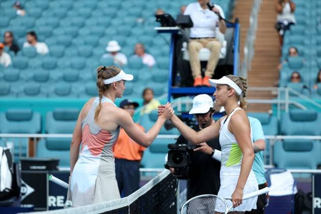 March 27, 2023, Miami Gardens, Florida, United States Of America: MIAMI GARDENS, FLORIDA - MARCH 27: Elena Rybakina of Kazakhstan defeats Elise Mertens of Belgium in her fourth-round match on Day 9 of the Miami Open at Hard Rock Stadium on March 27, 2023 in Miami Gardens, Florid...People: Elena Rybakina Miami Gardens United States Of America - ZUMAs214 20230327_zda_s214_050 Copyright: xSMGx
