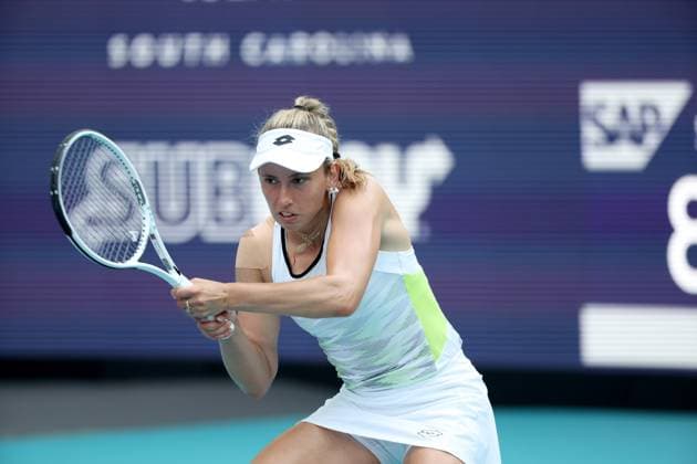 March 27, 2023, Miami Gardens, Florida, United States Of America: MIAMI GARDENS, FLORIDA - MARCH 27: Elena Rybakina of Kazakhstan defeats Elise Mertens of Belgium in her fourth-round match on Day 9 of the Miami Open at Hard Rock Stadium on March 27, 2023 in Miami Gardens, Florid...People: Elise Mertens Miami Gardens United States Of America - ZUMAs214 20230327_zda_s214_086 Copyright: xSMGx