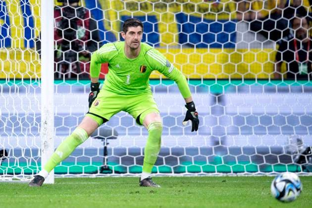 230324 Goalkeeper Thibaut Courtois of Belgium during the UEFA Euro Qualifier football match between Sweden and Belgium on March 24, 2023 in Stockholm Photo Niklas Larsson BILDBYRAN kod NL JL0340 bbeng football soccer fotboll fotball uefa euro qualifier national competition emkval em kvaliking em kvalik sweden sweden a sweden belgien Belgium,  Copyright: NIKLASxLARSSON BB230324NL075