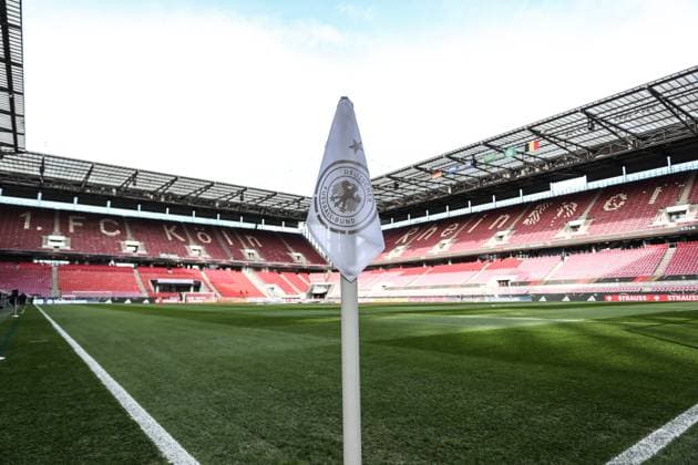 Sports, football, DFB international match season 2022 2023 DFB international friendly match Germany Belgium 28 03 2023, RheinEnergie Stadion The Rhein Energie Stadium with a corner flag with DFB national team logo Cologne RheinEnergie Stadion Nordrhein Westfahlen Germany