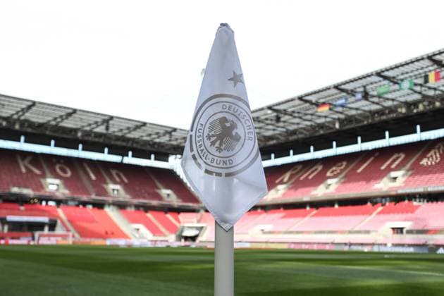 Sports, football, DFB international match season 2022 2023 DFB international friendly match Germany Belgium 28 03 2023, RheinEnergie Stadion The Rhein Energie Stadium with a corner flag with DFB national team logo Cologne RheinEnergie Stadion Nordrhein Westfahlen Germany