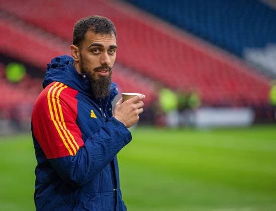 28th March 2023; Hampden Park, Glasgow, Scotland: Euro 2024 Qualifier Football, Scotland versus Spain; Borja Iglesias of Spain checks out the pitch with a hot drink  ActionPlus12491465 VagelisxGeorgariou