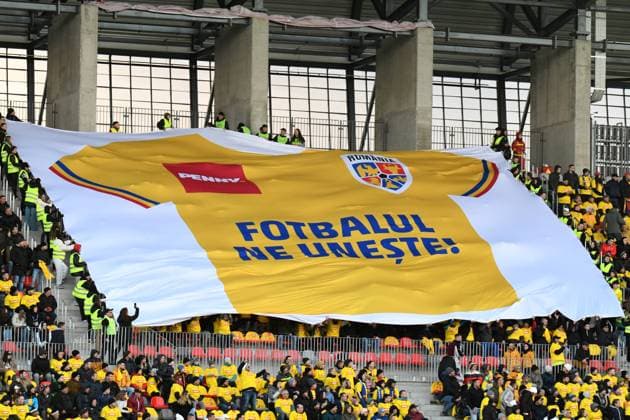 Romania U21, U 21 v Germany U21 - International Friendly, Länderspiel, Nationalmannschaft Romanian fans are showing a T-shirt during a friendly match between Romania U21 and Germany U21 at the Municipal Stadium in Sibiu on March 28, 2023. Sibiu Romania  Copyright: xFlaviuxBuboix originalFilename:buboi-notitle230328_npVkt.jpg