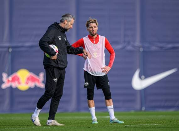 Leipzig head coach coach Marco Rose with Kevin Kampl training RB Leipzig 22 March 2023 Leipzig, Red Bull Academy training RB Leipzig
