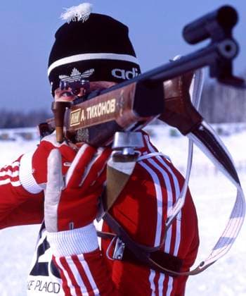 Lake Placid, United States. Soviet athlete Alexander Tikhonov competes during the 4 x 7,5 km men s biathlon event during the 1980 Winter Olympics. Robert Maximov TASS  58125158