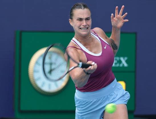 No. 2 in the world Aryna Sabalenka from Belarus returns the ball to Unranked Sorana Cirstea from Romania in the quarter-final match at the Miami Open in the Hard Rock Stadium in Miami Gardens, Florida, on Wednesday, March 29, 2023. Cirstea upset Sabalenka 6-4, 6-4.  MIA20230329117 GARYxIxROTHSTEIN