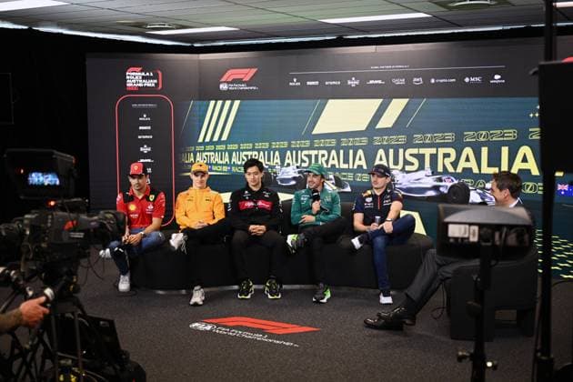 AUSTRALIAN F1 GRAND PRIX, (L-R) Charles Leclerc of Ferrari, Oscar Piastri of McLaren, Zhou Guanyu of Alfa Romeo, Fernando Alonso of Aston Martin and Max Verstappen of Red Bull Racing during a press conference, PK, Pressekonferenz during the Formula 1 Australian Grand Prix at the Albert Park Circuit in Melbourne, Thursday, March 30, 2023. ( NO ARCHIVING, EDITORIAL USE ONLY, NO USE IN BOOKS WITHOUT CONSENT MELBOURNE VIC AUSTRALIA Copyright: xJOELxCARRETTx 20230330001780724852