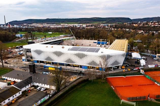 Jena , 300323, Football Regionalliga , FC Carl Zeiss Jena construction site Ernst Abbe sports field overview stadium , aerial photograph aerial view