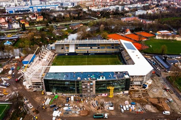 Jena , 300323, Football Regionalliga , FC Carl Zeiss Jena construction site Ernst Abbe sports field overview stadium , aerial photograph aerial view