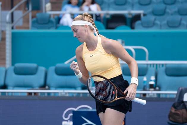 March 30, 2023, Miami Gardens, Florida, United States: March, 30 - Miami Gardens: Eketerina Alexandrova, in action here, plays Petra Kvitova(CZE) during the Quarter-Finals of the 2023 Miami Open by Itau. Miami Gardens United States - ZUMApa3_ 0240902365st Copyright: xAndrewxPatronx