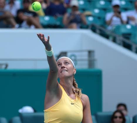 Petra Kvitova from the Czech Republic serves to Ekaterina Alexandrova from Russia in the semi-final match at the Miami Open in the Hard Rock Stadium in Miami Gardens, Florida, on Thursday, March 30, 2023. Kvitova defeated Alexandrova 6-4,3-6,6-3 to advance to the finals.  MIA202303302041 GARYxIxROTHSTEIN