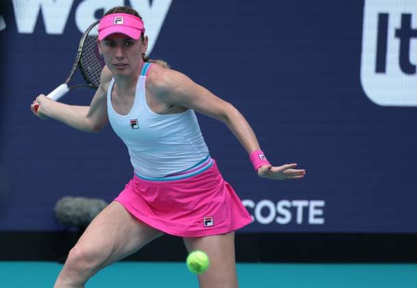 Ekaterina Alexandrova from Russia returns serve to Petra Kvitova from the Czech Republic in the semi-final match at the Miami Open in the Hard Rock Stadium in Miami Gardens, Florida on Thursday, March 30, 2023.  MIA202303302042 GARYxIxROTHSTEIN