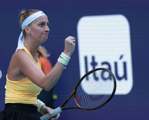 Petra Kvitova from the Czech Republic reacts after winning the first set against Ekaterina Alexandrova from Russia in the semi-final match at the Miami Open in the Hard Rock Stadium in Miami Gardens, Florida, on Thursday, March 30, 2023. Kvitova defeated Alexandrova 6-4,3-6,6-3 to advance to the finals.  MIA20230330211 GARYxIxROTHSTEIN