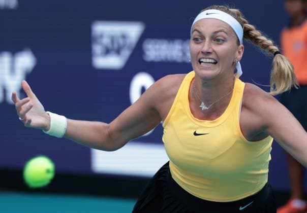 Petra Kvitova from the Czech Republic hits a forehand shot to Ekaterina Alexandrova from Russia in the semi-final match at the Miami Open in the Hard Rock Stadium in Miami Gardens, Florida, on Thursday, March 30, 2023. Kvitova defeated Alexandrova 6-4,3-6,6-3 to advance to the finals.  MIA20230330212 GARYxIxROTHSTEIN