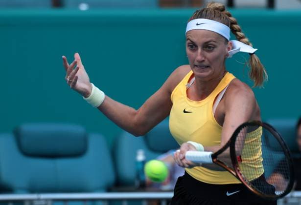 Petra Kvitova from the Czech Republic hits a forehand shot to Ekaterina Alexandrova from Russia in the semi-final match at the Miami Open in the Hard Rock Stadium in Miami Gardens, Florida, on Thursday, March 30, 2023. Kvitova defeated Alexandrova 6-4,3-6,6-3 to advance to the finals.  MIA20230330213 GARYxIxROTHSTEIN