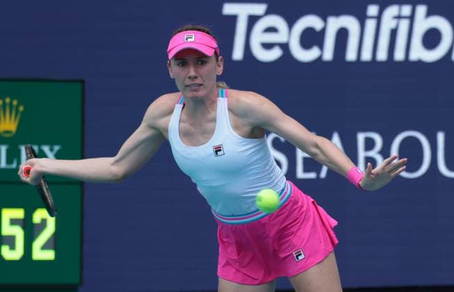 Ekaterina Alexandrova from Russia hits a forehand shot to Petra Kvitova from the Czech Republic in the semi-final match at the Miami Open in the Hard Rock Stadium in Miami Gardens, Florida on Thursday, March 30, 2023. Kvitova defeated Alexandrova 6-4,3-6,6-3 to advance to the finals.  MIA20230330201 GARYxIxROTHSTEIN