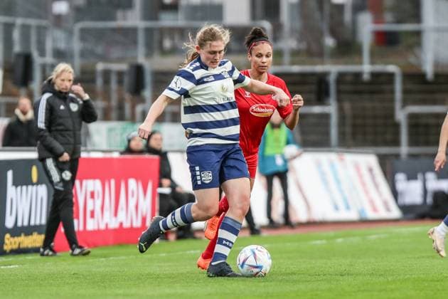 Sports, Football, FLYERALARM Womens Bundesliga Season 2022 2023 17 Matchday 1 FC Köln MSV Duisburg 31 03 2023, Südstadion Köln Emilie Henriksen MSV Duisburg, 14 Manjou Wilde 1 FC Koeln, 7 Köln Südstadion Nordrhein Westfahlen Germany