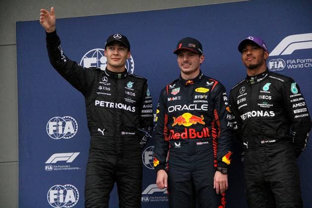 01 04 2023, Albert Park, Melbourne, FORMULA 1 ROLEX AUSTRALIAN GRAND PRIX 2023 , in picture pole position for Max Verstappen NLD , Oracle Red Bull Racing, 2 starting position for George Russell GBR , Mercedes AMG Petronas Formula One Team, 3 starting position for Lewis Hamilton GBR , Mercedes AMG Petronas Formula One Team Melbourne Albert Park Victoria Australia  eu-images-506