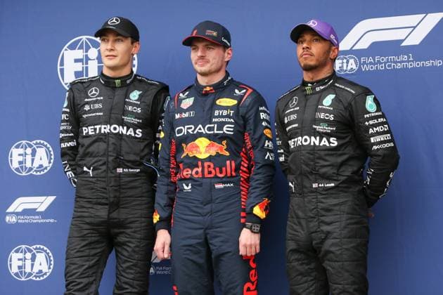 April 1, 2023: GEORGE RUSSELL, MAX VERSTAPPEN and LEWIS HAMILTON after the Qualifying Session at the Australian Formula One Grand Prix on April 01, 2023 in Melbourne, Australia - ZUMAa155 20230401_zaa_a155_144 Copyright: xChristopherxKhouryx
